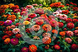 Garden full with vibrant zinnia flowers in bloom