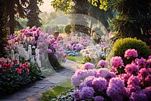 Garden full of white, pink, blue flowers, pine trees falling rays of light in the middle of the path. Flowering flowers, a symbol