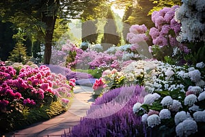 Garden full of white, pink, blue flowers, pine trees falling rays of light in the middle of the path. Flowering flowers, a symbol