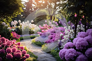 Garden full of white, pink, blue flowers, pine trees falling rays of light in the middle of the path. Flowering flowers, a symbol