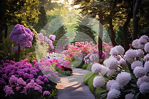 Garden full of white, pink, blue flowers, pine trees falling rays of light in the middle of the path. Flowering flowers, a symbol