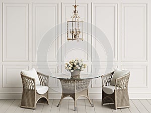 Garden furniture in classic interior.Rattan chairs,table,vase with roses