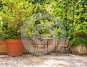 Garden furniture in a garden