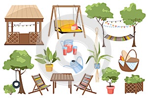 Garden furniture set graphic elements in flat design. Bundle of wooden gazebo, hammock, trees, potted, carafe and glasses, picnic