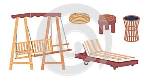 Garden Furniture Set. Wooden Swing Bench Seat, Lounging Daybed, Rattan and Wooden Chairs, Offers Relaxation