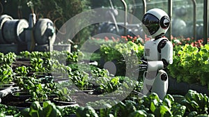 Humanoid Robot Working in a Modern Greenhouse