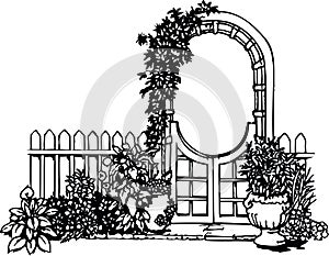 Garden Gate with Flowers Vector Illustration