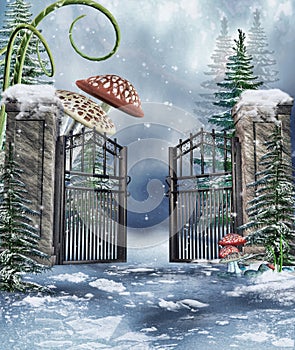 Garden gate with mushrooms
