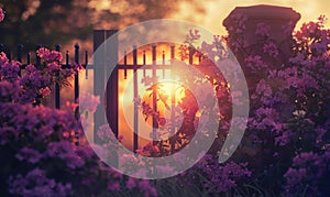 Garden gate at sunset with red roses and sun in the sky