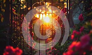 Garden gate at sunset with red roses and sun in the sky
