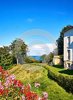 Garden with geraniums on a house overlooking the Baltic Sea. In Lohme on the island of RÃ¼gen
