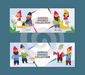 Garden gnome beard dwarf characters cadrs and gardening flayer klitsch family figure background vector illustration