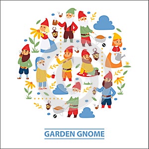 Garden gnome beard dwarf characters wallpaper and gardening flayer klitsch family figure background vector illustration