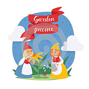 Garden gnome girls dwarf characters cadr and gardening flayer klitsch spring kids figure background vector illustration.