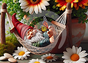 Garden Gnome, In a hammock taking a nap with the flowers and butterflies