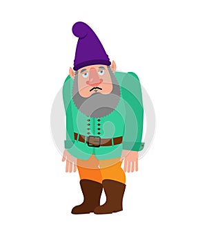 Garden gnome sad. dwarf sorrowful, dull. Vector illustration