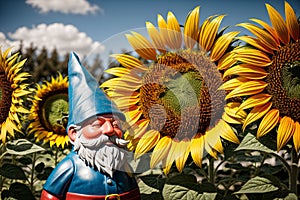 A garden gnome shaded by a large sunflower