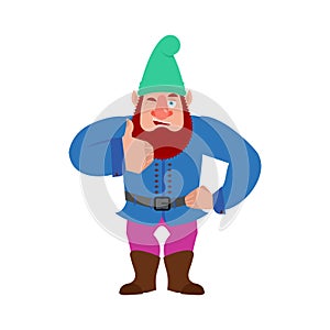Garden gnome thumbs up and winks. dwarf happy emoji. Vector illustration
