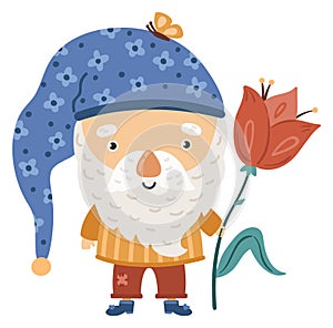 Garden gnome with tulip. Cute tiny old man with beard