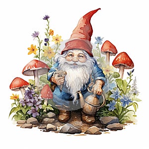Garden gnome in various styles in watercolor painted style.