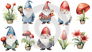 Garden gnome in various styles in watercolor painted style.