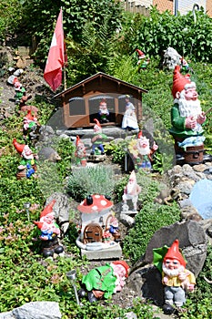 Garden gnomes in a garden of a house at Engelberg