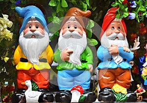 Garden gnomes in a shop window display