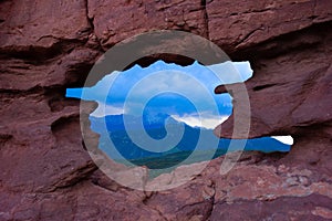 Garden of the Gods park Keyhole Window with Pikes Peak in Colorado Springs