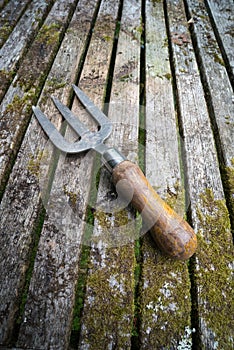 Garden hand fork diagonal on rustic table