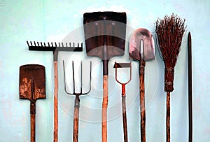 Garden hand tools stand against the wall