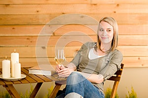 Garden happy woman enjoy glass wine terrace