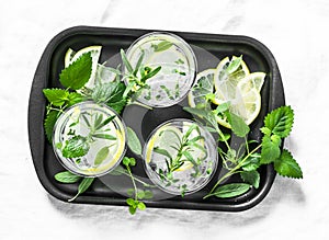 Garden herbs lemonade. Infused water with lemon, rosemary, thyme, sage and mint on light background, top view