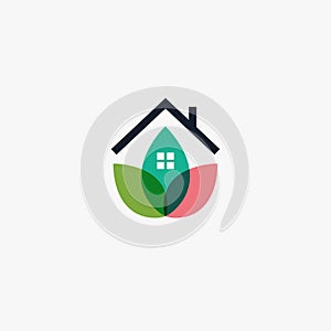Garden house logo template design farming logotype, chalet abstract icon, petal or leaves house, eco house, vegetarian