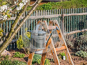 Garden idyll Wooden ladder with watering can