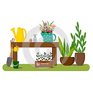 Garden illustration - a table, a watering can, a jug of flowers and a box of herbs, gardening tools.