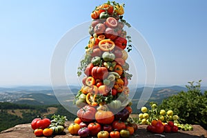 Garden of Imagination: Heirloom Tomato Tower. A whimsical and playful arrangement of heirloom tomatoes