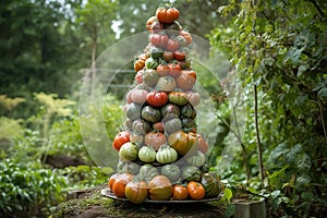 Garden of Imagination: Heirloom Tomato Tower. A whimsical and playful arrangement of heirloom tomatoes