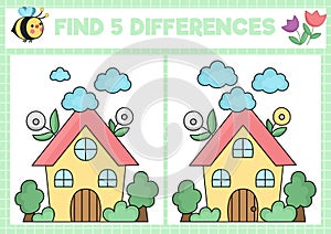 Garden kawaii find differences game for children. Attention skills activity with cute country house. Spring holiday puzzle for