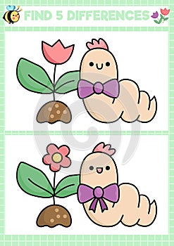 Garden kawaii find differences game for children. Attention skills activity with cute warm, flower sprout. Spring holiday puzzle