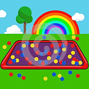 Garden kids with colorful ball and rainbow sky background