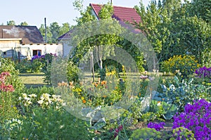 Garden landscape with flowers and fruit trees