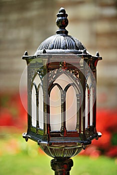 Garden lantern and various tulips in park.