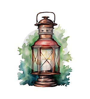 Garden lantern, winter, watercolor clipart illustration with isolated background