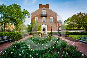 Garden and Latrobe Hall, at Johns Hopkins University, Baltimore, Maryland.