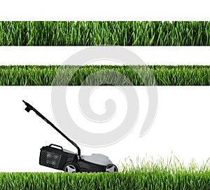 Garden lawn mower cutting green grass, white background