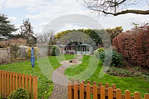 Garden lawn and shed summerhouse