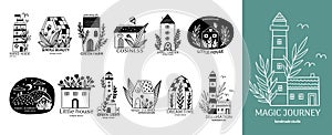 Garden logo, cabin home set. Sea village decor, elegant forest farm, little trendy lighthouse, woodland emblem design