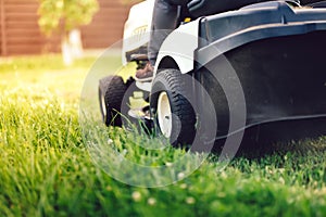 Garden maintenance - close up view of grass mower