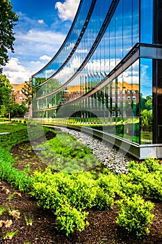 Garden and modern building at John Hopkins University in Baltimore, Maryland.