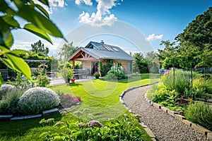 Garden with naturalistic design yard, green lawn with flowers, summer retreat house